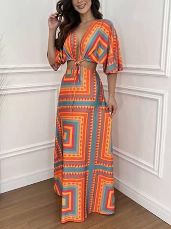 Aurohaya Waist Hollow Bat Sleeve Dress Orange