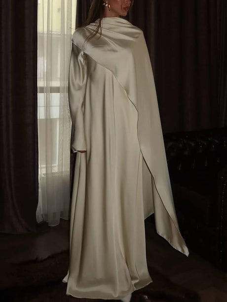 Aurohaya Slanted Hem Scraf Design Maxi Dress Apricot