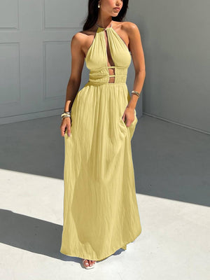 Aurohaya Hanging Neck Hollow Dress Yellow