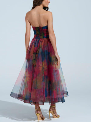 Aurohaya Elegant Fantasy Tulle Floral Print Midi Dress