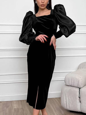 Aurohaya Square Neck Bubble Sleeve Front Slit Dress Black