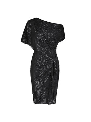 Aurohaya Elegant Sequined Asymmetrical Off-the-shoulder Mini Dress