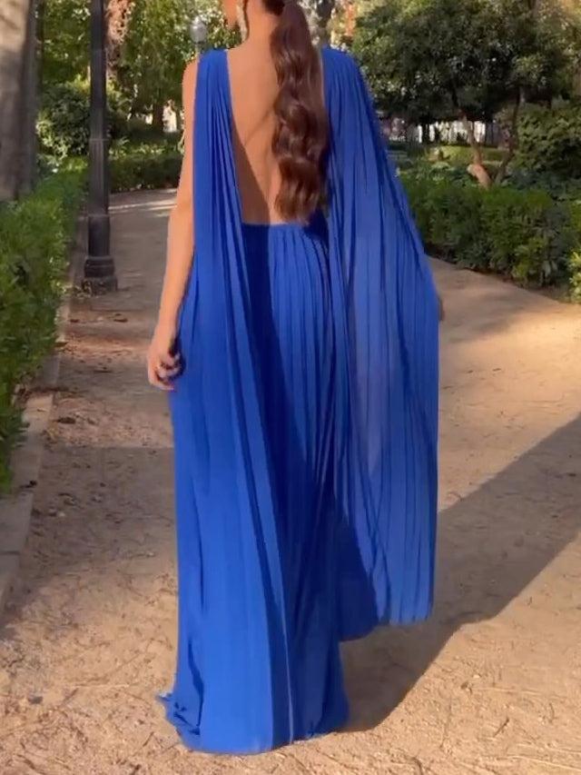 Aurohaya Elegant Open Back Ribbon Pleated Party Maxi Dress Blue