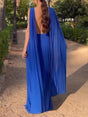 Aurohaya Elegant Open Back Ribbon Pleated Party Maxi Dress Blue