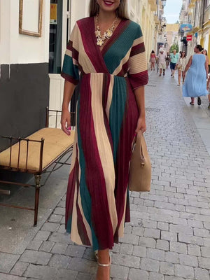 Aurohaya Elegant Irregular Stripe Print Pleated Maxi Dress Red