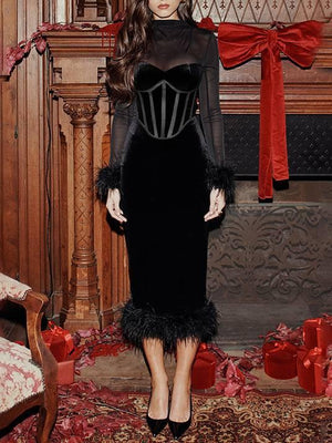 Aurohaya Mesh Patchwork Velvet Corset Dress Black