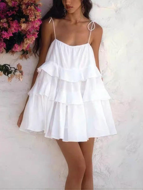 Aurohaya Multi-layer Ruffled Backless Slip Dress White