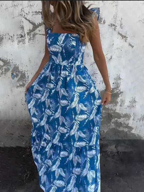 Aurohaya Elegant Hollow Tie Feather Print Ruffle Sleeve Maxi Dress Blue