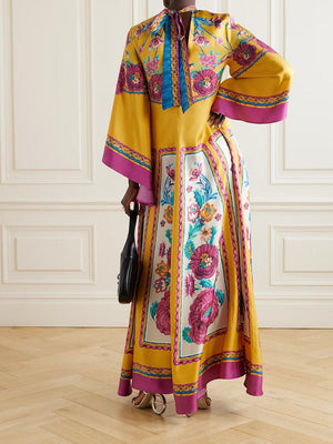 Aurohaya Vintage Exquisite Pattern Print Loose Maxi Dress