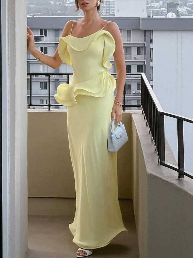 Aurohaya Playful Curled Hem Slim Fit Maxi Dress