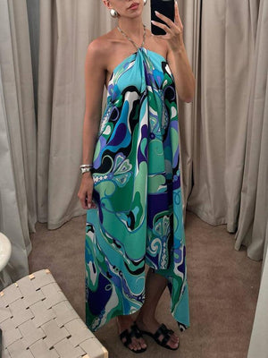 Aurohaya Elegant Halterneck Abstract Floral Print Midi Dress