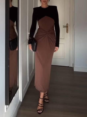 Aurohaya Minimalist Color Contrast Pleated Maxi Dress Brown