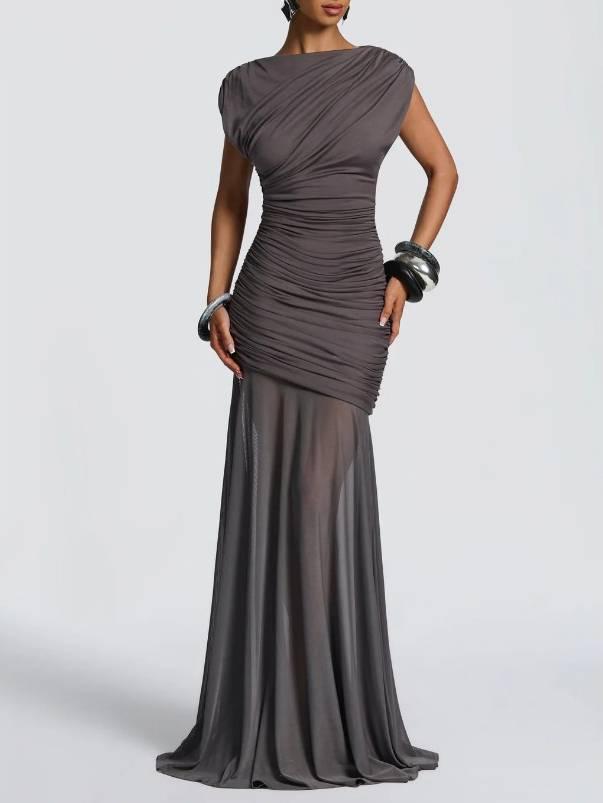 Aurohaya Pleated Design Spliced See-through Skirt Maxi Dress Grey