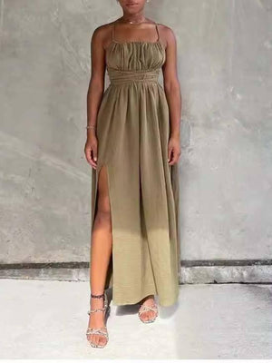 Aurohaya Tube Top Lace Up Side Slit Dress Khaki Green