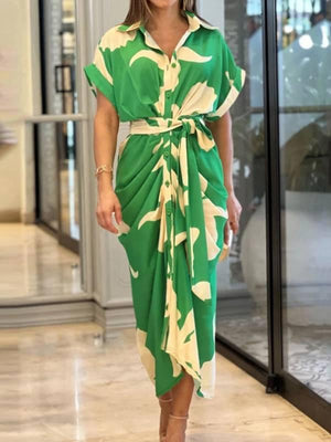 Aurohaya V-Neck Pleated Belt Short Sleeve Dress Green