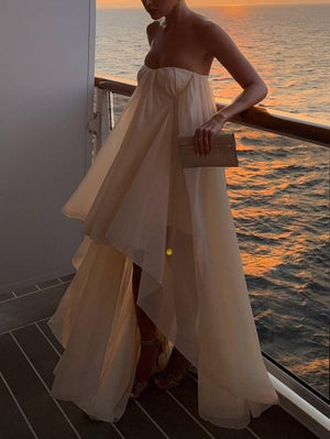 Aurohaya Tube Top Irregular Hem Maxi Dress Apricot