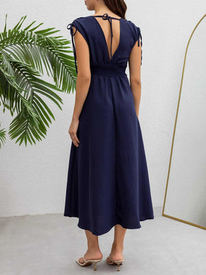 Aurohaya Exquisite V-neck Drawstring Floral Midi Dress