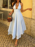 Deep V-neck High Waist A- Line Double-layer Midi Dress