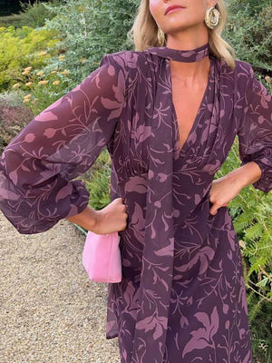 Aurohaya V-Neck Pleated Puff Sleeve Printed Dress