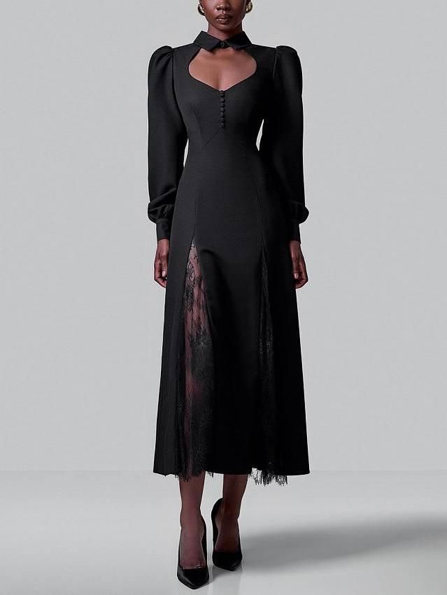 Aurohaya Puff-Sleeve Lace-Splicing Maxi Dress Black