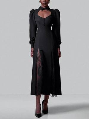 Aurohaya Puff-Sleeve Lace-Splicing Maxi Dress Black
