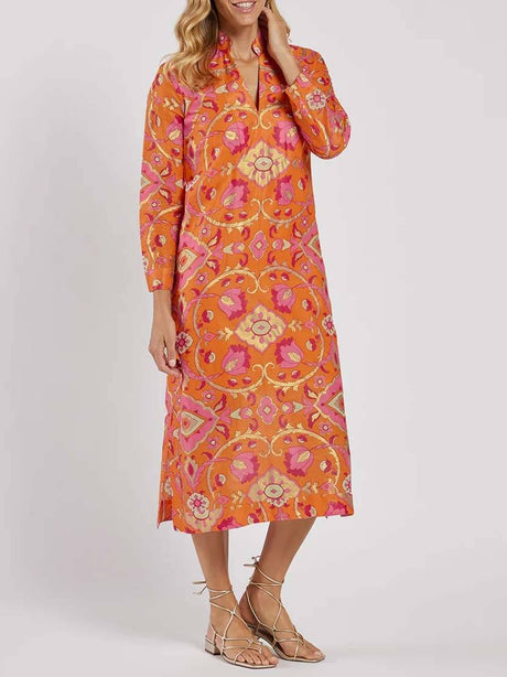 Aurohaya Stand Collar Printed Midi Dress Printed
