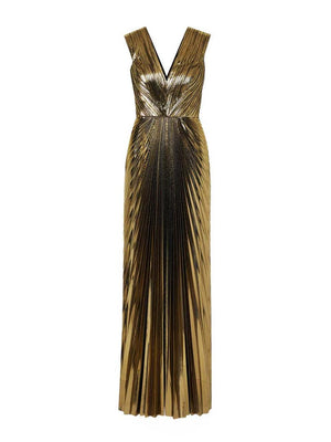 Aurohaya Elegant V-neck Gold Painted Pleated Maxi Dress