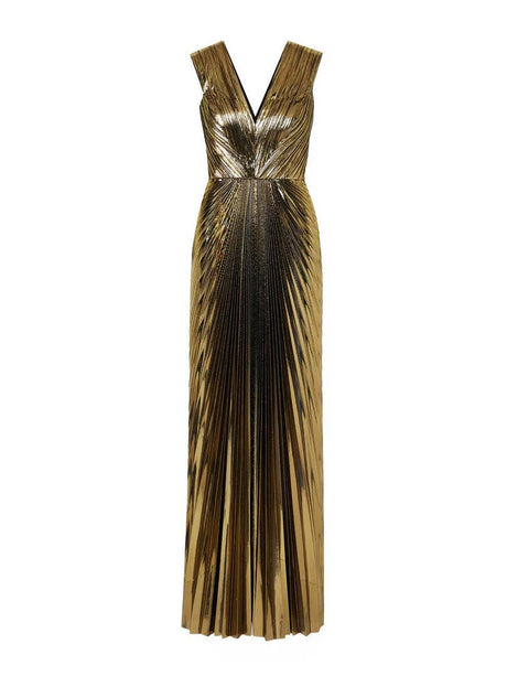 Aurohaya Elegant V-neck Gold Painted Pleated Maxi Dress