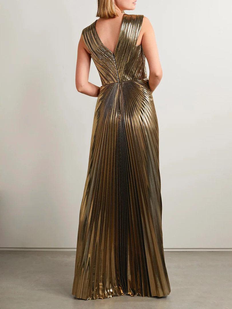 Aurohaya Elegant V-neck Gold Painted Pleated Maxi Dress