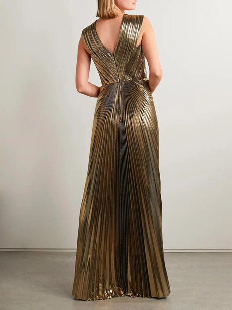 Aurohaya Elegant V-neck Gold Painted Pleated Maxi Dress