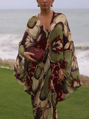 Aurohaya Retro Printed Flowing Bat Sleeve Maxi Dress