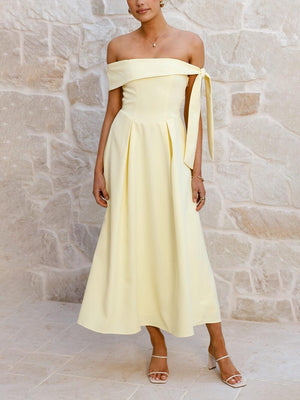 Aurohaya Elegant Off-Shoulder Tie Ruched Midi Dress Yellow