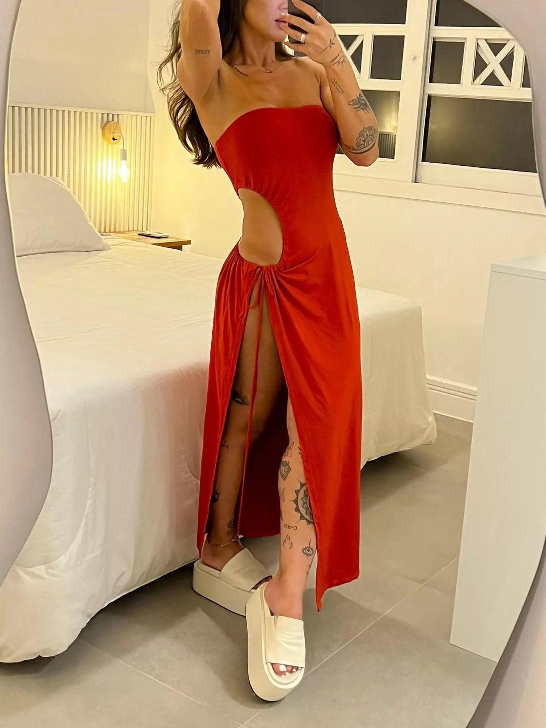 Aurohaya Sexy One-Shoulder Cutout High Slit Maxi Dress