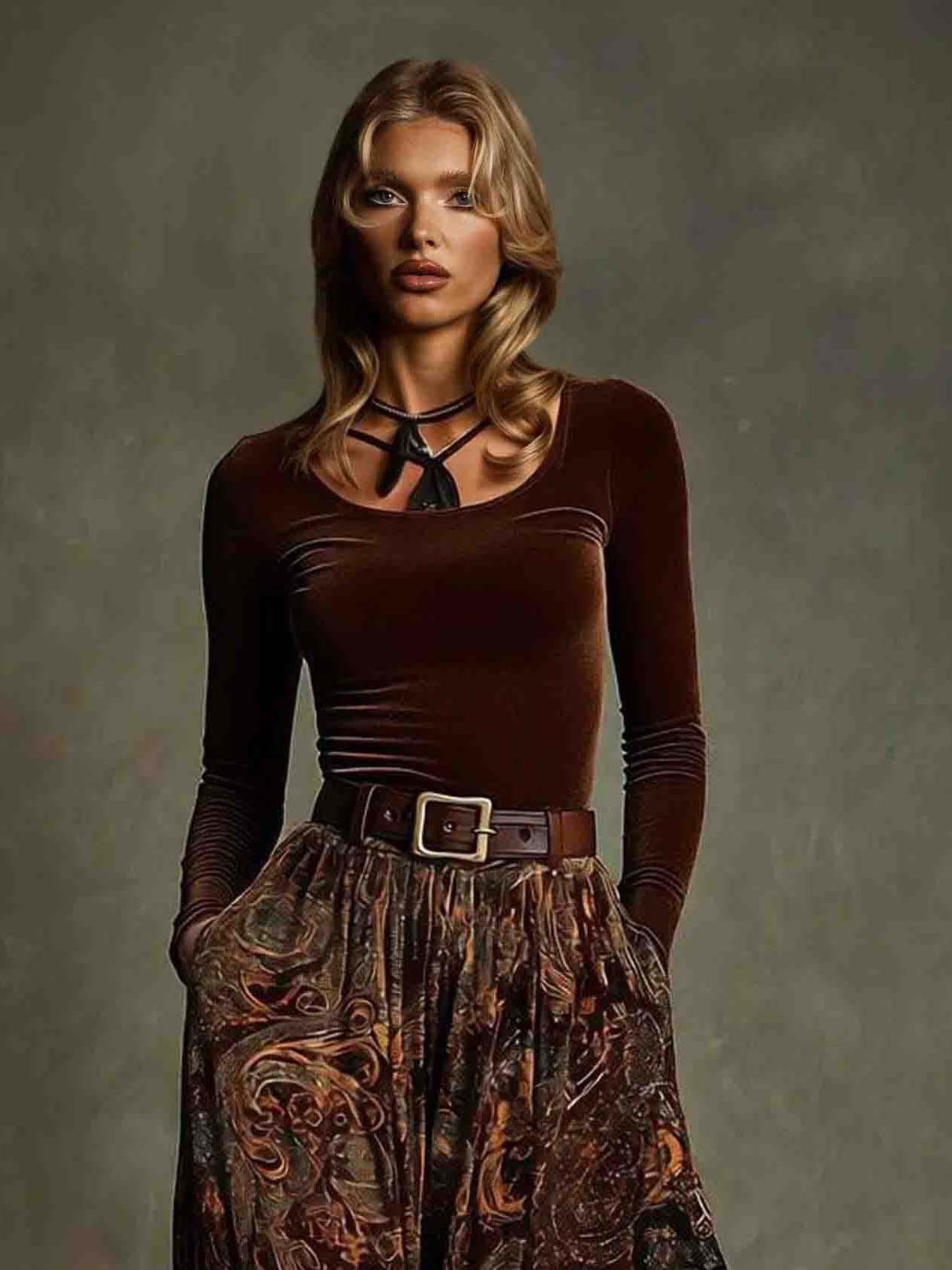 Aurohaya Retro Stretch Velvet Top And Paisley Print Maxi Skirt Set Brown Top