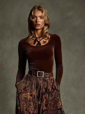 Aurohaya Retro Stretch Velvet Top And Paisley Print Maxi Skirt Set Brown Top