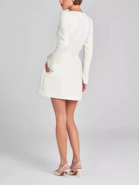 Aurohaya Exquisite Girl Charm Pearl Trim Slit Sleeve Pocket Mini Dress