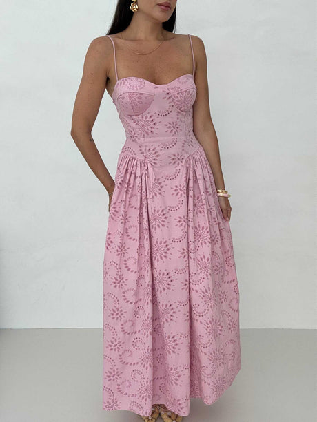 Aurohaya Romantic Embroidered Sweetheart Neck Spaghetti Strap Maxi Dress Pink