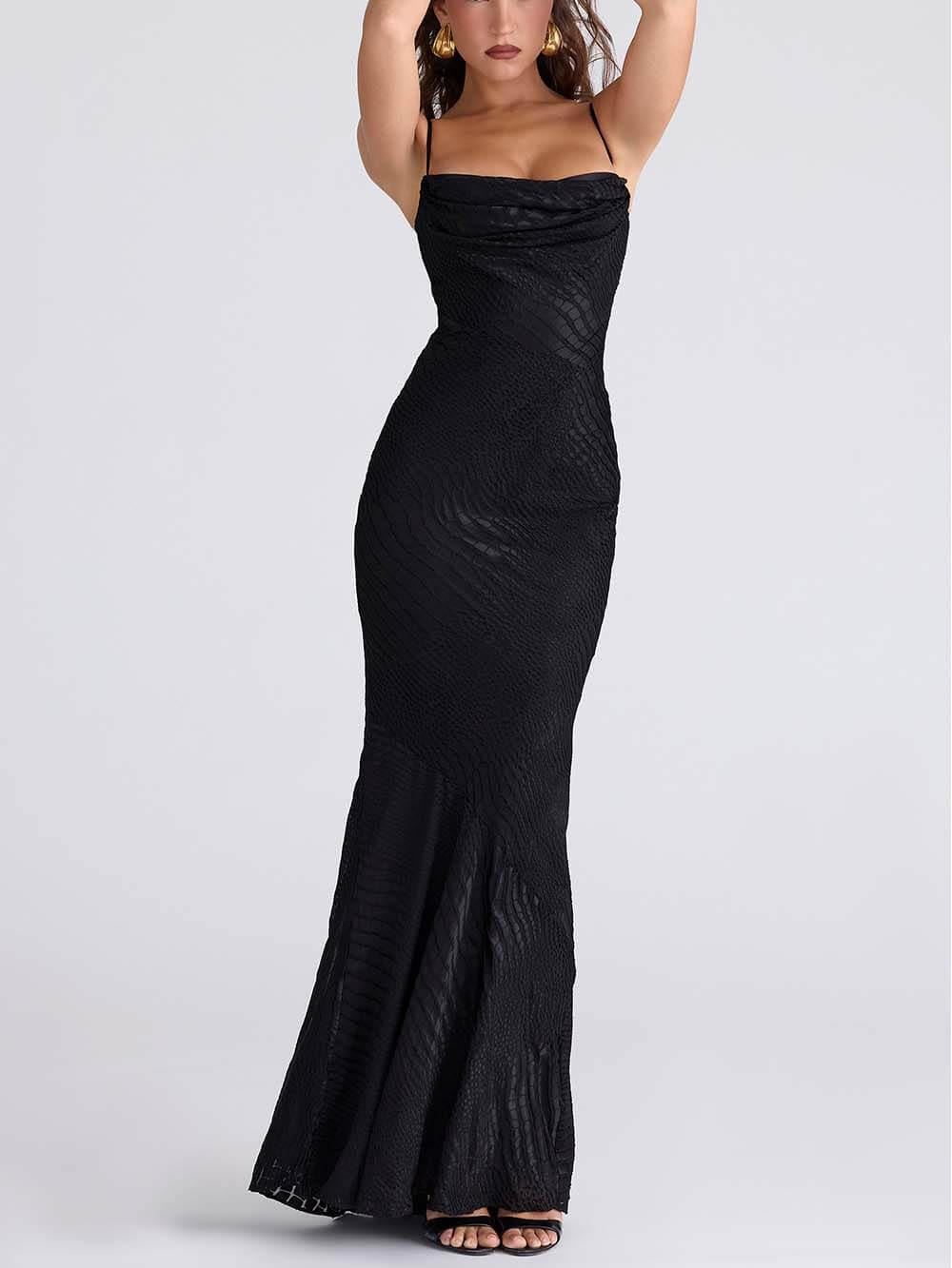 Aurohaya Elegant Low-Neck Burnout Satin Party Maxi Dress