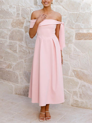 Aurohaya Elegant Off-Shoulder Tie Ruched Midi Dress