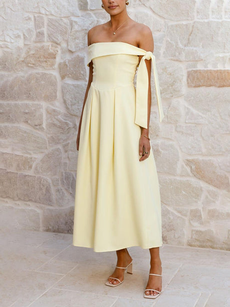 Aurohaya Elegant Off-Shoulder Tie Ruched Midi Dress