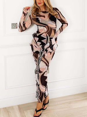 Aurohaya Retro Abstract Print Ruffled Mesh Slim Maxi Dress