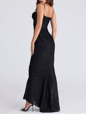 Aurohaya Elegant Low-Neck Burnout Satin Party Maxi Dress