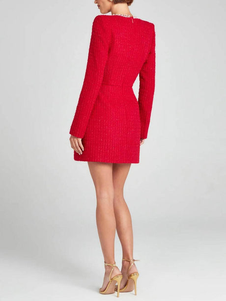 Aurohaya Exquisite Girl Charm Pearl Trim Slit Sleeve Pocket Mini Dress