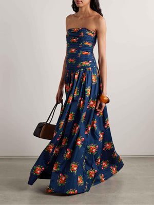 Aurohaya Ruffled Colorful Floral-print Maxi Dress Royal Blue