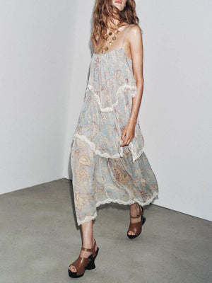 Aurohaya Retro Floral-Print Tiered Lace-Paneled Chiffon Maxi Dress