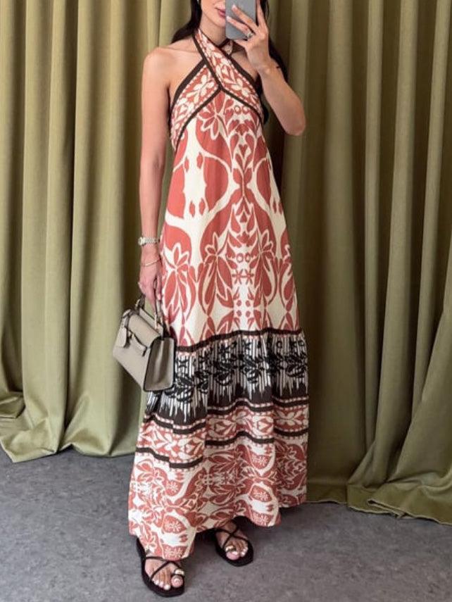 Aurohaya Vintage Floral Print Cross-neck Maxi Dress Orange