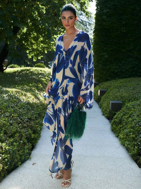 Elegant Oversized Floral Print Batwing Sleeve Chiffon Maxi Dress
