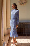 Elegant Lace Belted Long Sleeve Mermaid Midi Dress