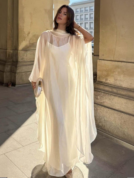 Aurohaya Elegant Sheer Cape Layered Maxi Dress Cream