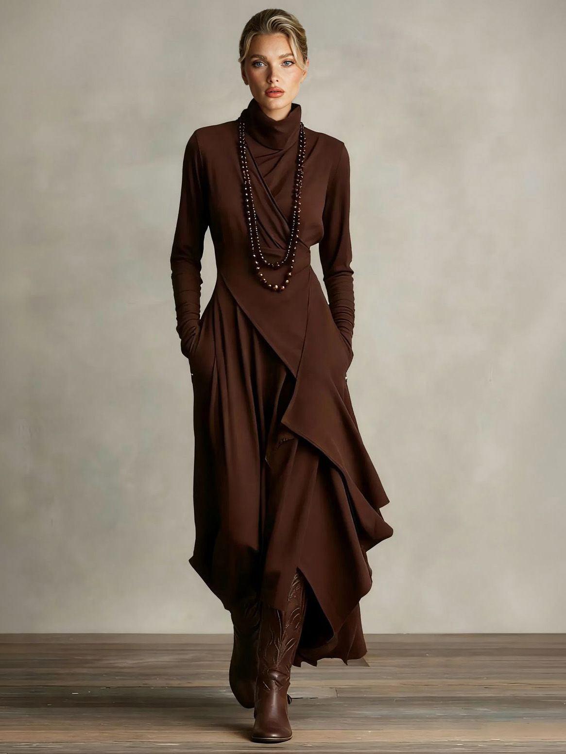 Aurohaya Elegant High-Neck Draped Asymmetrical Maxi Dress Brown